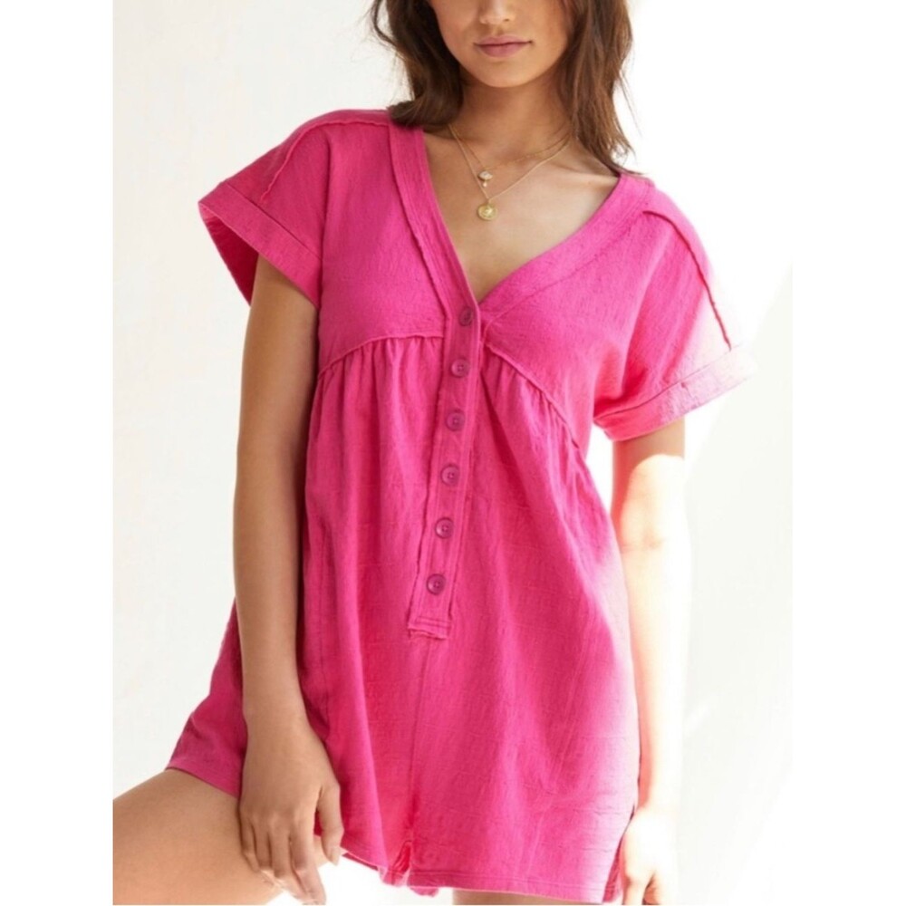 Anthropologie Daily Practice Hot Pink Button Front Lounge Romper Women’s Size XS